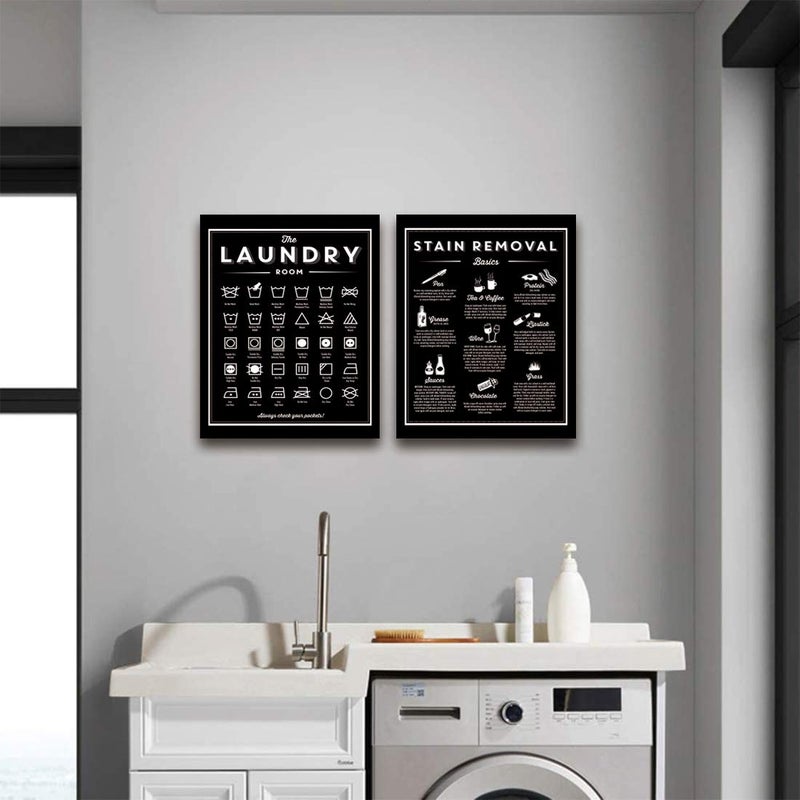 Ecyanlv Laundry Symbols Wall Art Canvas Stain Removal Sign Laundry Guide Wall Art Cleaning Poster Black White Pictures for Room Decor Housewarming Gift 16X20Inchx2 Unframed - Image 2